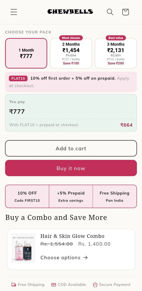 Chewbells product page cross-sell on mobile